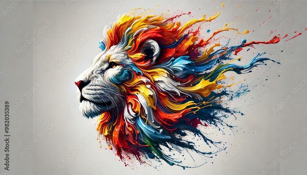 Abstract painting of a lion with a dynamic, colorful mane created using