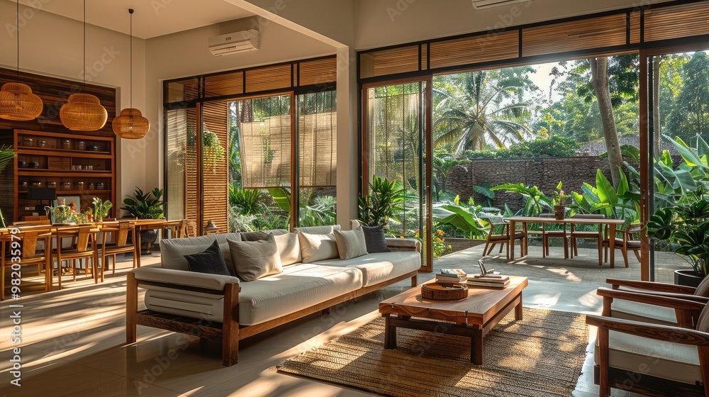 A living room in an Indian bungalow, with sofa and armchair, two side tables, a dining table and chairs, a tropical garden outside the window. Generative AI. A living room in an Indian bungalow, with sofa and armchair, two side tables, a dining table and chairs, a tropical garden outside the window. Generative AI.