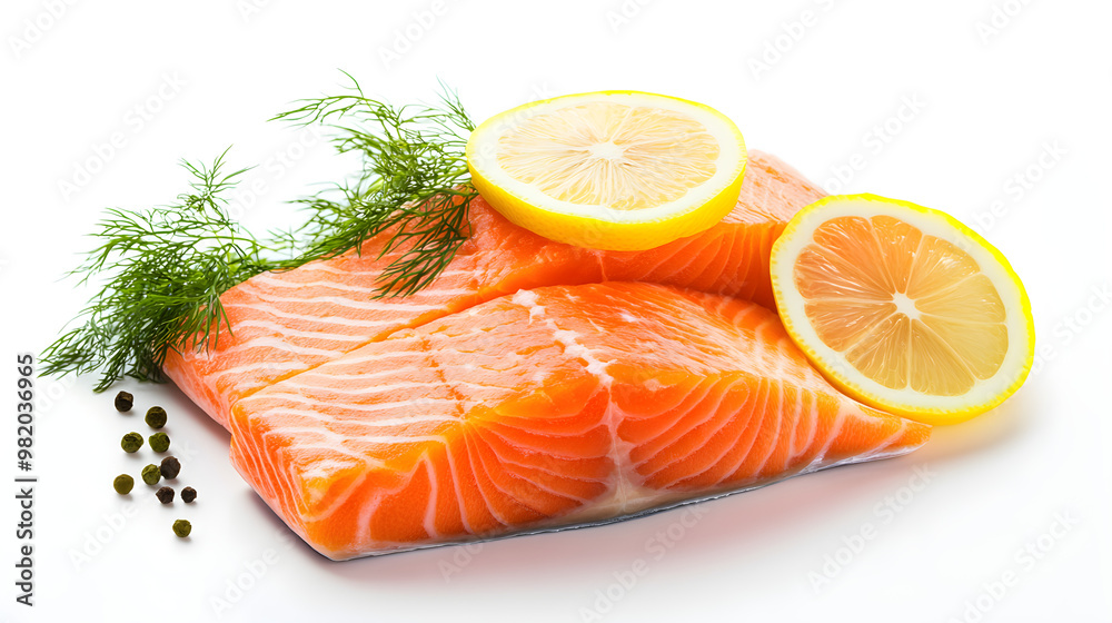 Raw salmon fillet with a slice of lemon and sprigs of dill Raw salmon fillet with a slice of lemon and sprigs of dill