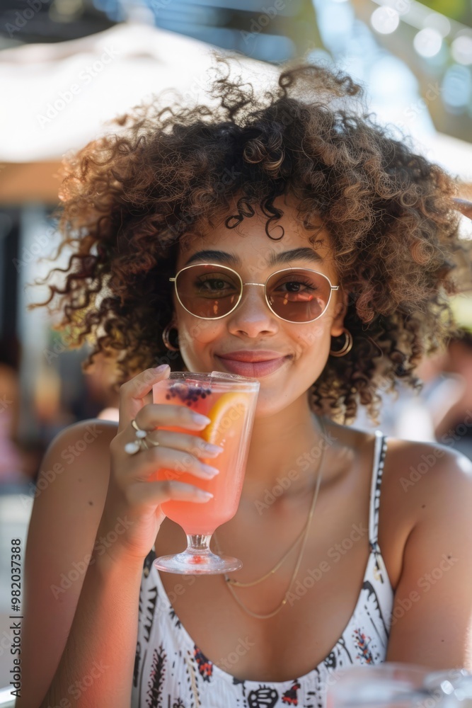 Woman enjoying guava cocktail in sunny ambiance Woman enjoying guava cocktail in sunny ambiance