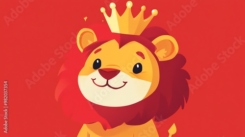 A cute cartoon lion with a golden crown on his head, smiles with a happy expression against a bright red background.