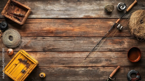 A rustic wooden table with fishing gear and tools, evoking a leisurely outdoor activity.