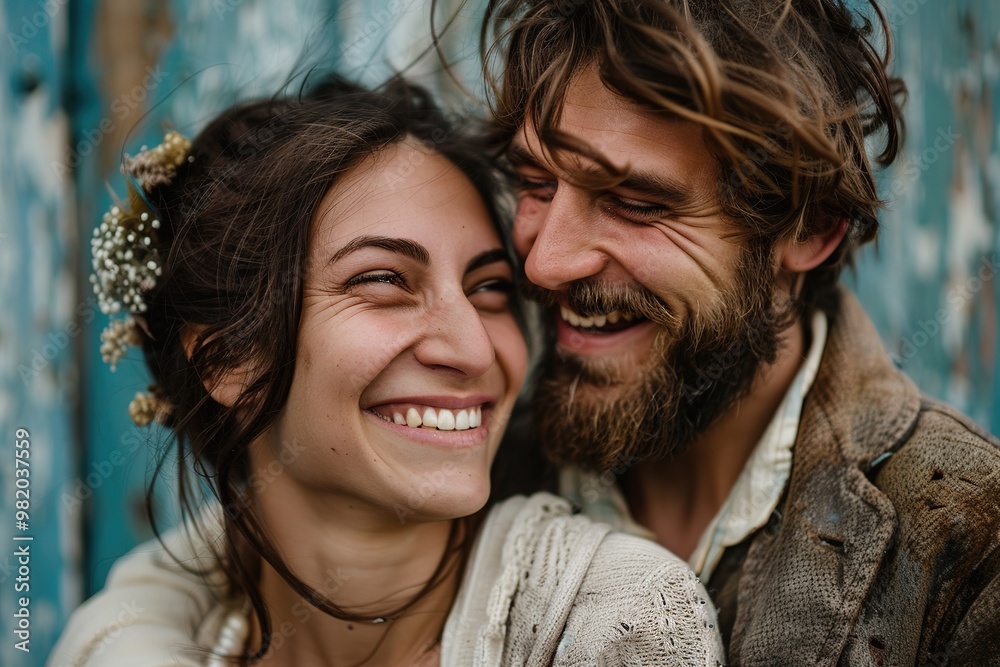 Happy couple smiling, rustic style, embracing Happy couple smiling, rustic style, embracing