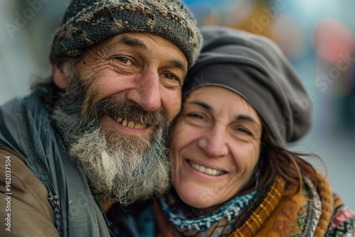 Joyful homeless couple smiling, embracing in urban setting