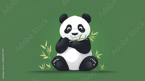 A cute panda bear sitting on a green background, eating bamboo shoots.