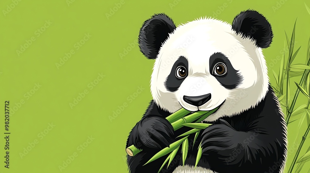 A cute panda bear eating bamboo with a green background. A cute panda bear eating bamboo with a green background.
