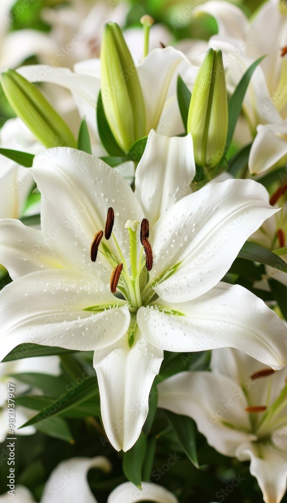Close-up of a White Lily Flower With Bud, Blooming Softly in the Garden, Nature Background. Close-up of a White Lily Flower With Bud, Blooming Softly in the Garden, Nature Background.
