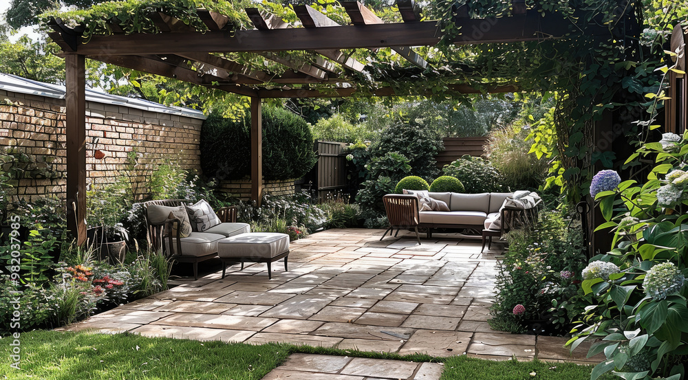 Fototapeta premium New garden with a patio, pergolas and seating area. Generative AI.
