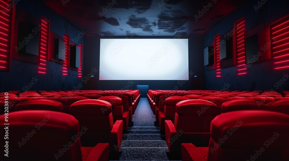 Empty Movie Theater with Red Seats and Large White Screen, Modern Cinema Interior Empty Movie Theater with Red Seats and Large White Screen, Modern Cinema Interior