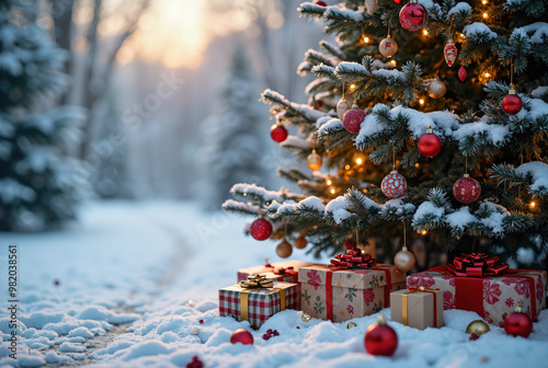 Festlich geschmückter Weihnachtsbaum in verschneiter Winterlandschaft: Perfekt für Weihnachtskampagnen und Feiertagsmarketing photo