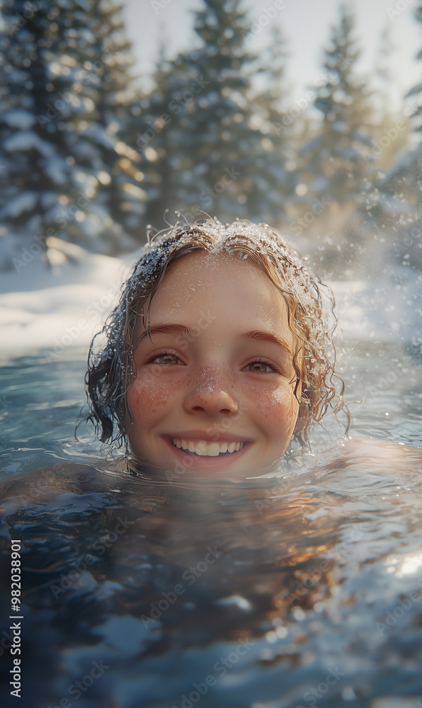 A detailed illustration of a young girl swimming in a lake in the winter A detailed illustration of a young girl swimming in a lake in the winter