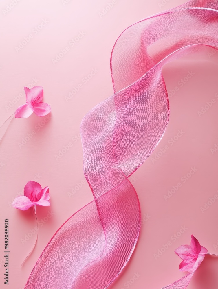A stylized pink ribbon crafted from various materials such as fabric, paper, and light, set against a simple background. A stylized pink ribbon crafted from various materials such as fabric, paper, and light, set against a simple background.