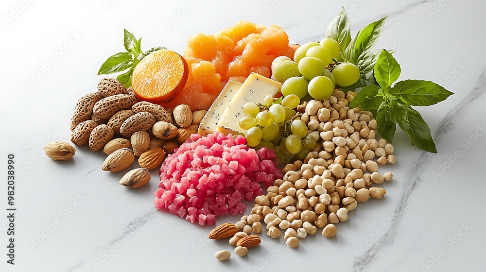 An elegant display of a plant-based charcuterie board featuring a variety of nuts, fruits, and artisanal vegan cheeses, set on a polished marble surface. The contrasting colors and textures draw the An elegant display of a plant-based charcuterie board featuring a variety of nuts, fruits, and artisanal vegan cheeses, set on a polished marble surface. The contrasting colors and textures draw the