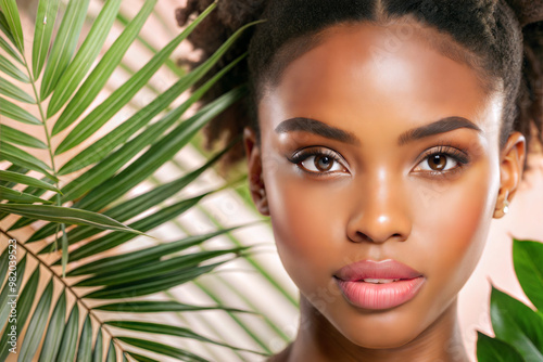 Beauty portrait of african american woman with clean healthy skin on beige background with palm leaves. 