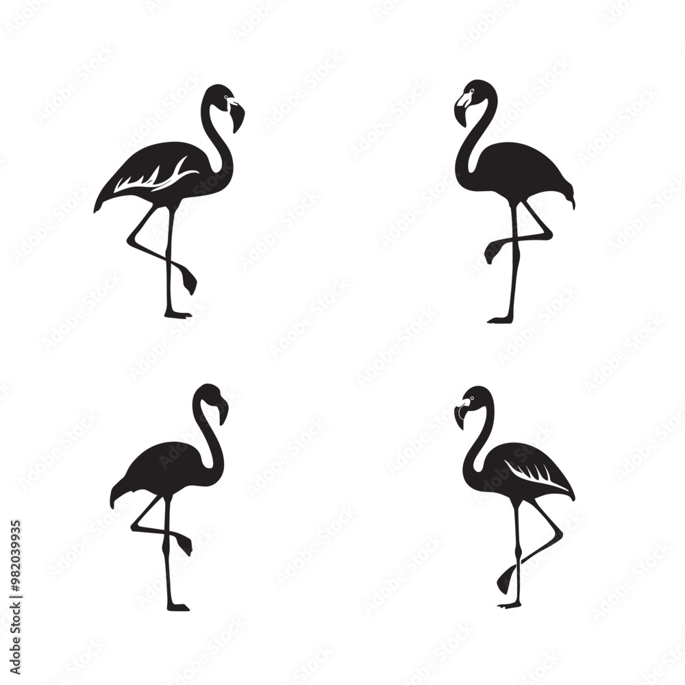 Obraz premium Black and white vector silhouettes set of flamingo