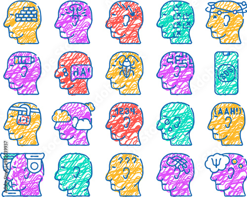 neurosis brain problem doodle icons set vector. sketch line art patient neurosis and disorder, persecution mania and panic, confused and disorientation contour illustrations