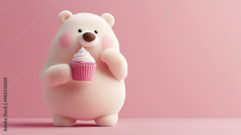 A cute, fluffy cartoon bear holding a cupcake. A cute, fluffy cartoon bear holding a cupcake.
