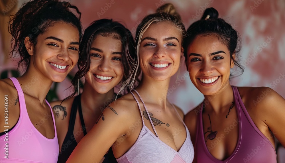 Portrait of four diverse women smiling and embracing Portrait of four diverse women smiling and embracing