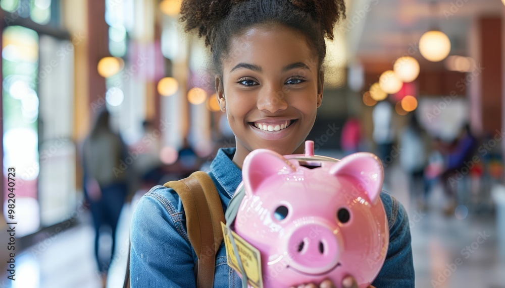 Obraz premium Cheerful young woman holding a piggy bank