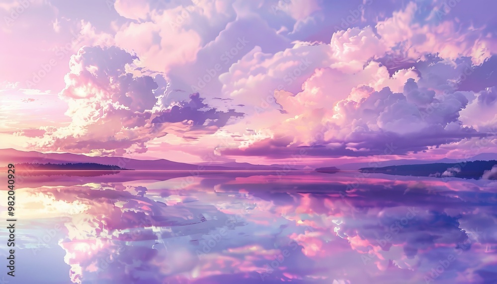 Tranquil sunset over a still lake painting in shades of purple Tranquil sunset over a still lake painting in shades of purple