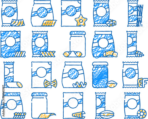 pasta food package doodle icons set vector. sketch line art gnocchetti sardi and rigatoni, fusilli and farfalle, in spiral form and alphabet shape pasta contour illustrations