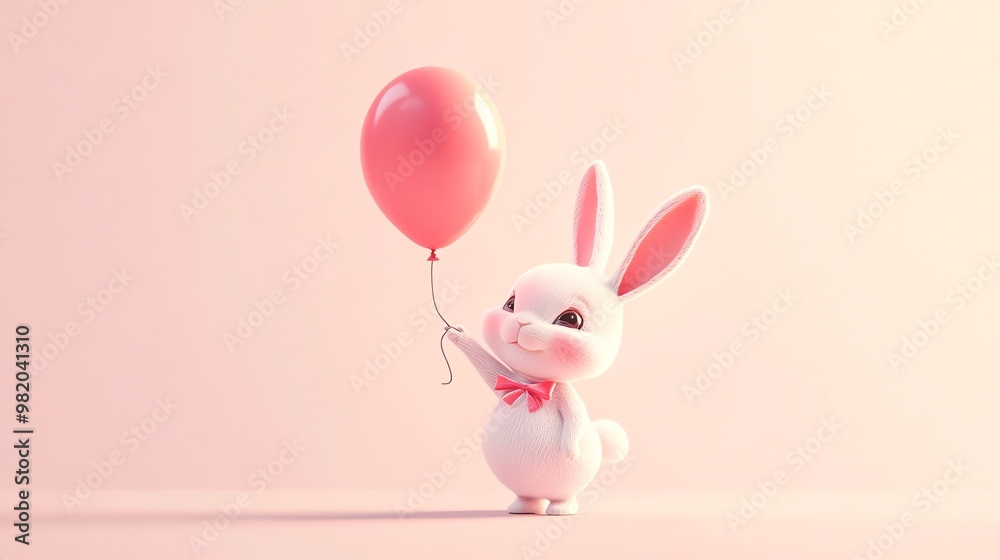 A cute white bunny with a pink bowtie holds a pink balloon against a pink background. A cute white bunny with a pink bowtie holds a pink balloon against a pink background.