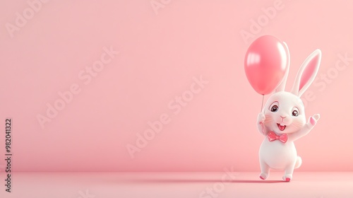 A cute cartoon bunny holding a pink balloon, smiling on a pink background.