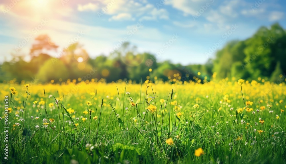 Scenic view of a lush green meadow with blooming yellow wildflowers under a bright blue sky Scenic view of a lush green meadow with blooming yellow wildflowers under a bright blue sky