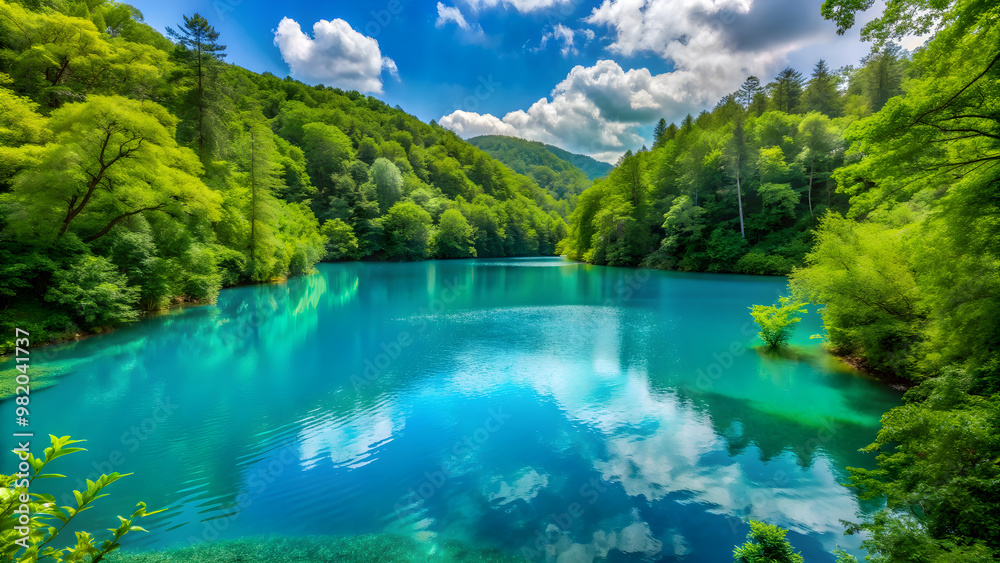 Naklejka premium Turquoise green blue lake surrounded by lush green nature, turquoise, green, blue, lake, water, nature, serene, peaceful