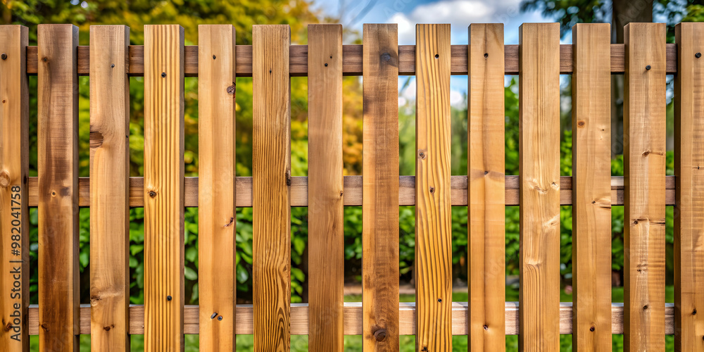 Close-up of a wooden garden fence with vertical panels and horizontal bars, wooden, garden, fence, close-up, vertical, panels
