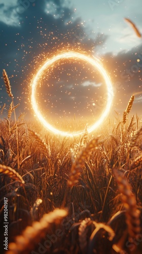 Luminous Round Frame in the field among the ears of wheat Abstract Natural Creative Background Mockup for natural Products Advertising