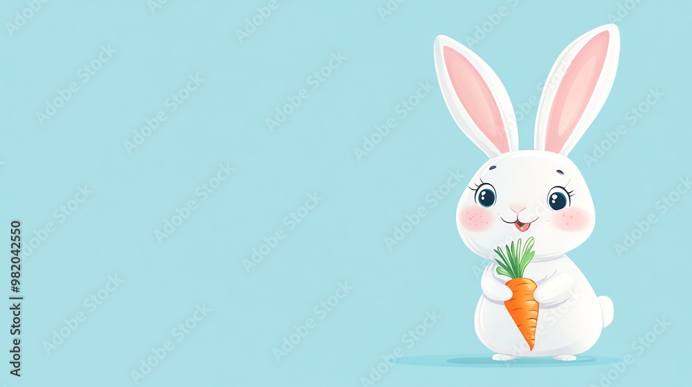 Cute white bunny rabbit holding a carrot on a blue background. Cute white bunny rabbit holding a carrot on a blue background.