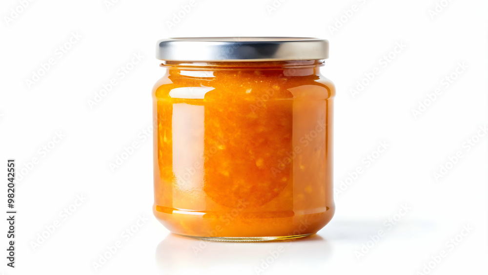 Glass jar filled with orange marmalade, maple syrup, or jam isolated on a white background render mockup template, preserves Glass jar filled with orange marmalade, maple syrup, or jam isolated on a white background render mockup template, preserves