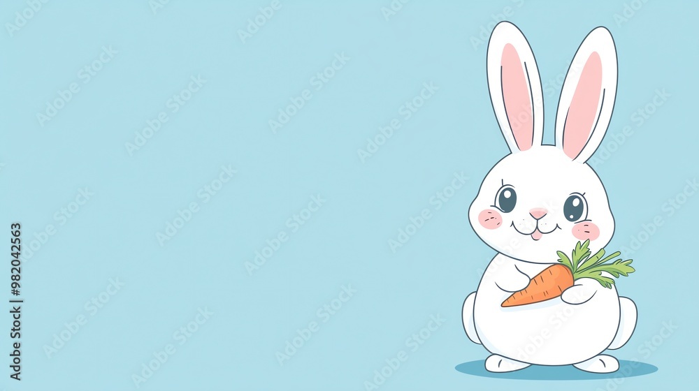 Cute white bunny rabbit holding a carrot on blue background. Cute white bunny rabbit holding a carrot on blue background.