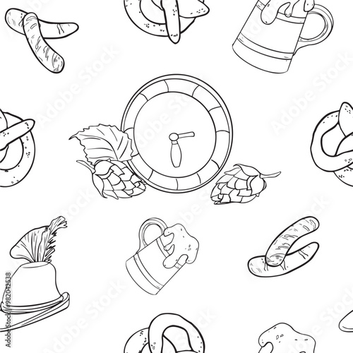 Oktoberfest vector monochrome seamless pattern isolated. Wooden beer barrel and mug, German hat black white linear painted. Hop cones, pretzel, sausages black white contour on repeated texture.