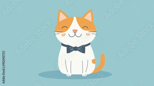 A cute cartoon cat wearing a bow tie smiles while sitting on a blue background.