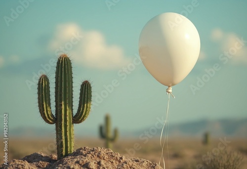 A fragile balloon near a sharp prickly cactus. Fragility and protection concept