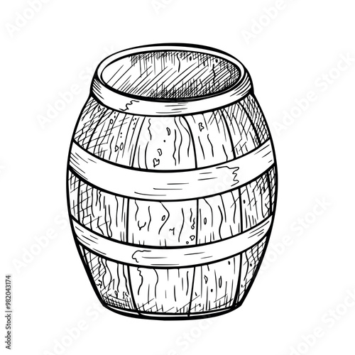 Wooden beer barrel hand drawn vector illustration isolated. cask black white ink silhouette painted. Barrel monochrome line art. Design element for advertising beer festival, banner, menu, packaging.