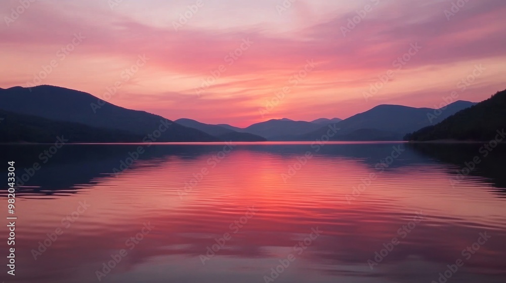 A sunset over a lake with mountains in the background, AI A sunset over a lake with mountains in the background, AI
