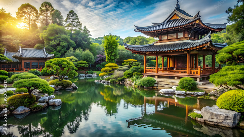 Beautiful oriental garden with traditional architecture and serene atmosphere, Parc oriental de Maul?vrier, France, Zen Beautiful oriental garden with traditional architecture and serene atmosphere, Parc oriental de Maul?vrier, France, Zen