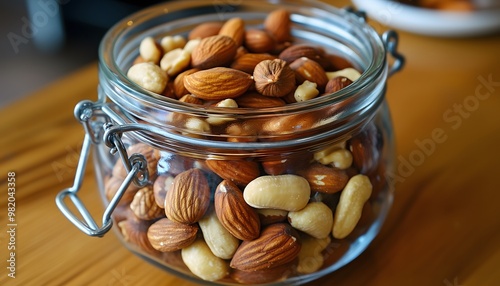 A small glass jar filled with nuts standing on a wooden table