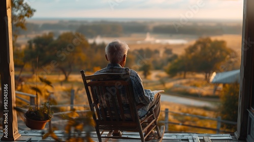 Elderly Man Relaxing on Porch Swing with Country View