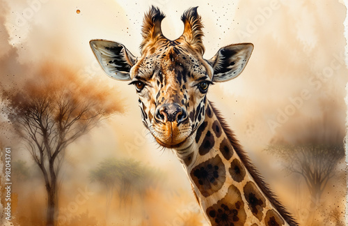 Giraffe in the savanna of Kenya, Africa. Digital painting. photo