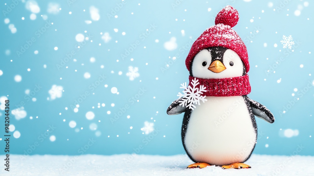 A cute penguin wearing a red hat and scarf in a winter scene. A cute penguin wearing a red hat and scarf in a winter scene.