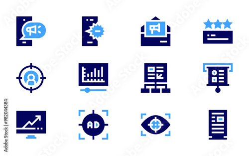 Marketing icon set. Bold style. Duotone colors. mobile marketing, email marketing, review, user, video, project, presentation