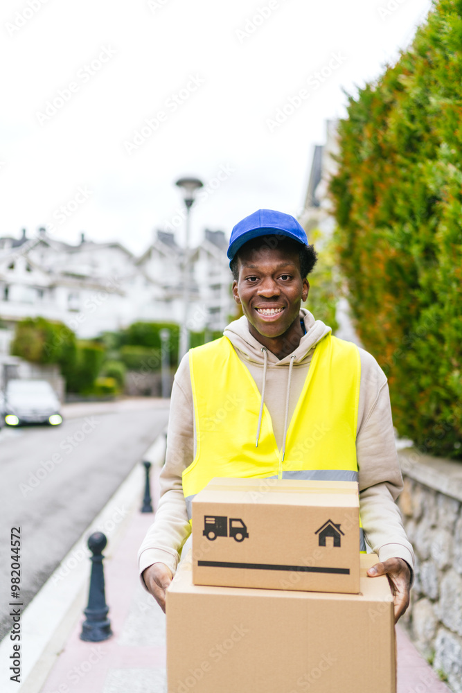 Young African courier delivering packages on a residential street, smiling in yellow vest Young African courier delivering packages on a residential street, smiling in yellow vest