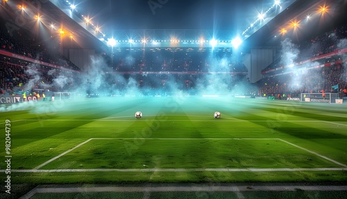 View inside soccer stadium with fans and people celebrating.