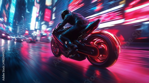 A motorcycle rider speeding through a neon city at night.