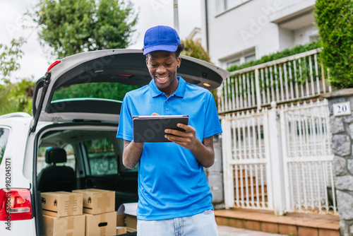 Delivery worker using a tablet to track packages near a vehicle full of boxes.