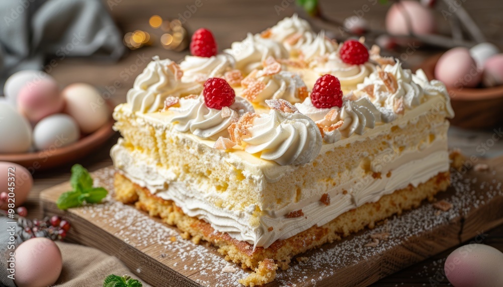 Scrumptious Raspberry Cake with Whipped Cream and Almond Flakes Scrumptious Raspberry Cake with Whipped Cream and Almond Flakes